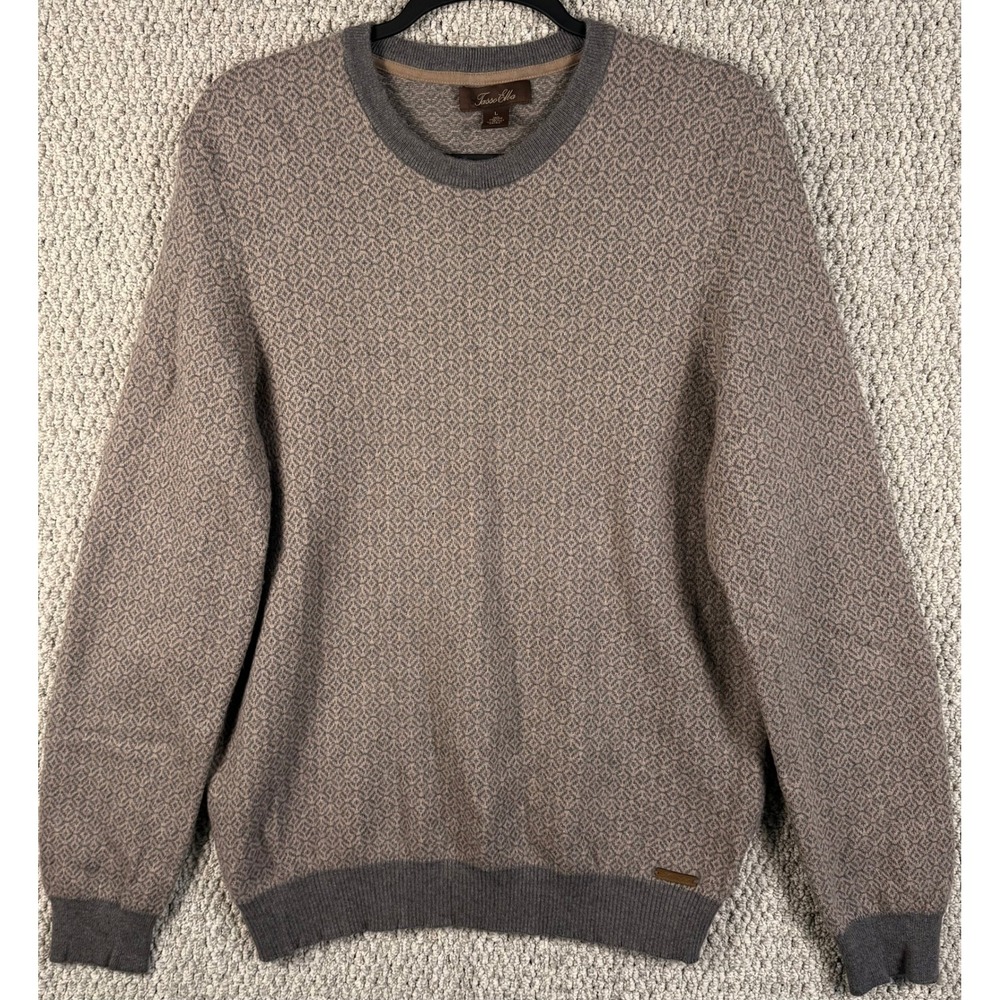 Tasso Elba Mens L Cashmere Cotton Sweater Geometric Elbow Patch Gray Crewneck